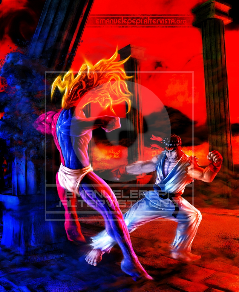 Gill VS Ryu, characters of the Street Fighter videogame series, original artwork done with Gimp/MyPaint/Blender  