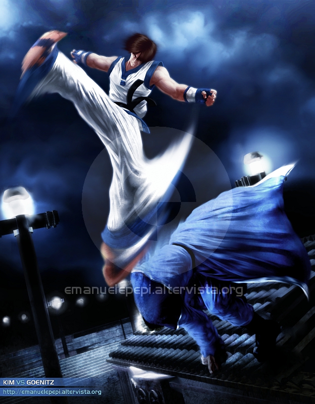 Kim VS Goenitz, King of Fighters Fan-art, artwork done with Gimp/MyPaint/Blender   