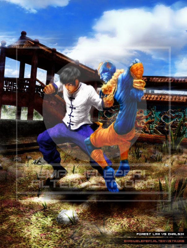 Forest Law VS Dhalsim, characters of the Tekken and Street Fighter series, artwork done with Gimp/MyPaint/Blender 