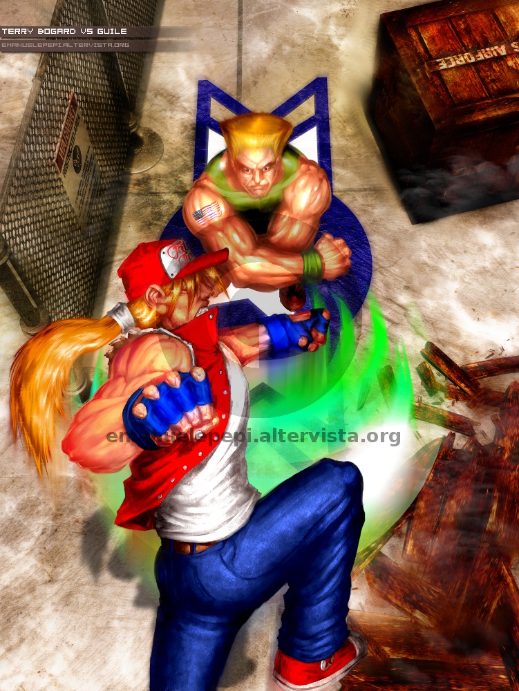 Terry Bogard VS Guile, characters of the Fatal Fury and Street Fighter series, artwork done with Gimp/MyPaint/Blender  